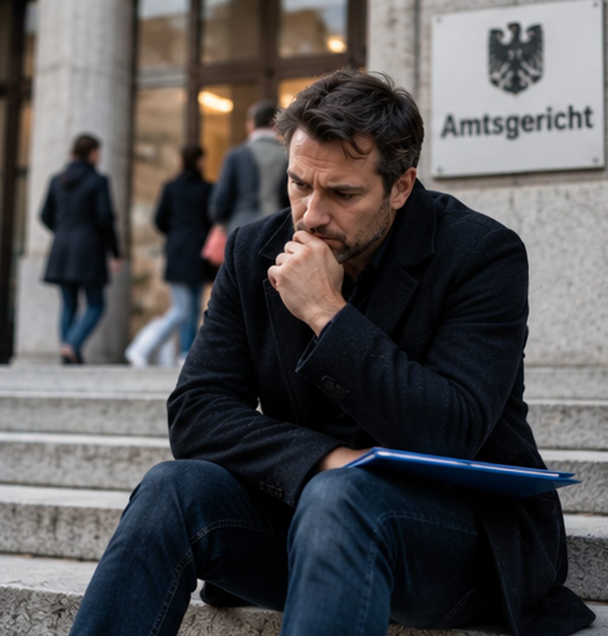 Ein Mann sitzt nachdenklich auf den Stufen vor einem Amtsgericht.