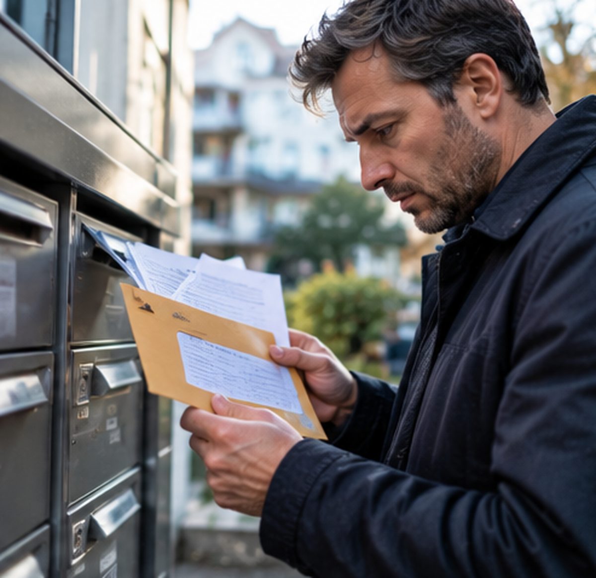 Ein Mann nimmt am Briefkasten einen gelben Umschlag entgegen.